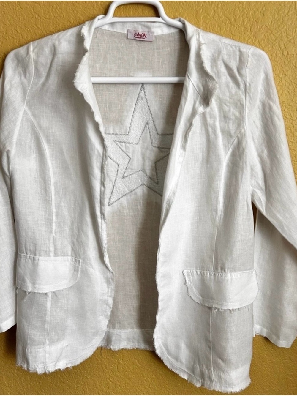 Italian White Linen Open Blazer with Frayed Trim Perfect for Summer